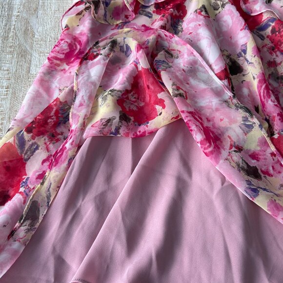 Floret Studios Floral Ruffle Waist Chiffon Dress Pink/Red/Beige Floral XL NWT - Picture 4 of 11